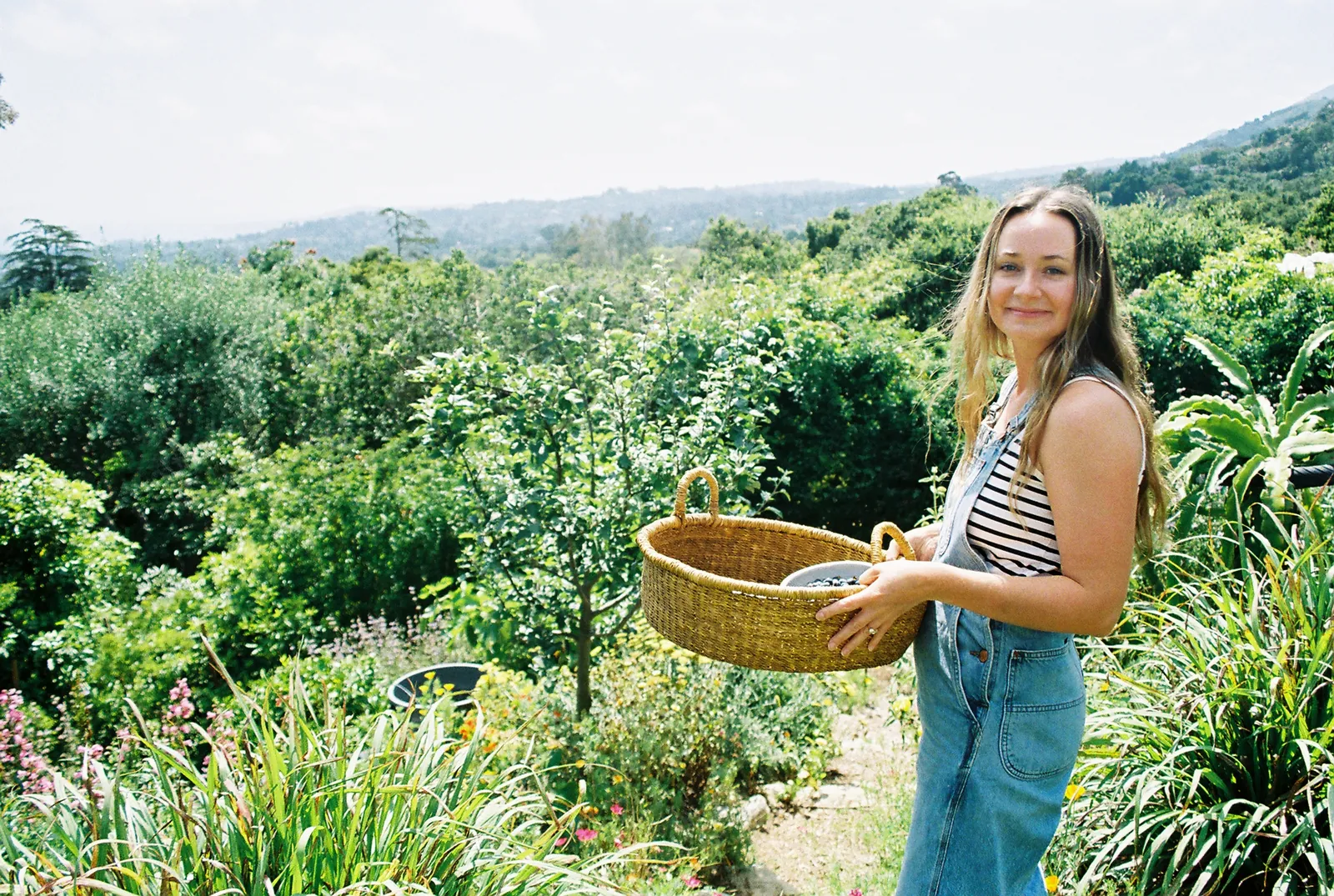 A woman carrying a basket through a garden on a hillside